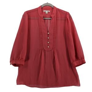 Banana Republic Sheer Blouse M Pink Draped Button Up Workwear 3/4 Sleeve Split V